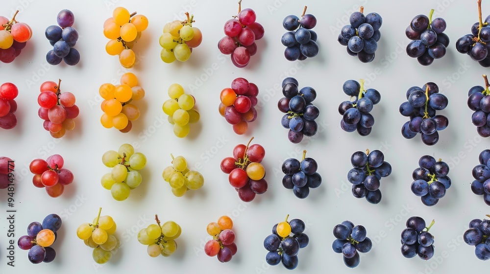 Poster grapes of different varieties and colors spread out evenly on a flat surface