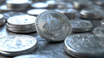 A close-up view of shiny silver Bitcoin coins stacked together, highlighting the cryptocurrency's digital allure.