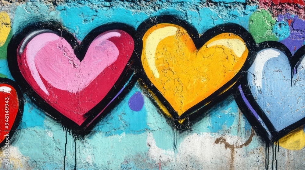 Wall mural colorful hearts in vibrant graffiti style, showcasing a playful and artistic vibe.