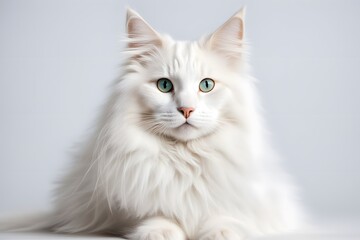A fluffy turkish angora cat with long white fur and odd colored eyes sitting gracefully on a white, AI Generated