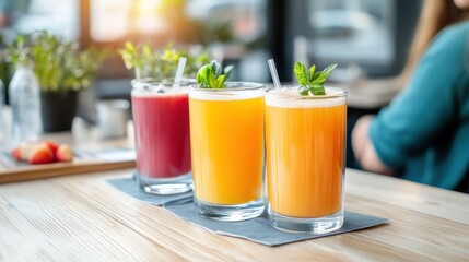 Fototapeta premium Refreshing drinks in vibrant colors, perfect for a summer day or gathering. Enjoy the flavors and freshness in every sip.