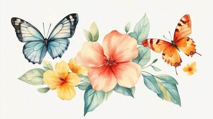 Beautiful watercolor illustration of vibrant butterflies and blooming flowers, creating a serene and cheerful atmosphere.