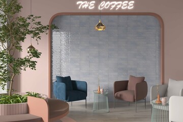 Modern cafe with beige and grey marble walls and glossy ceramic floor, round black table and small round chairs along the window. 3D Rendering