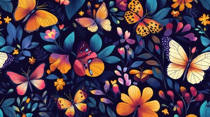 Vibrant floral and butterfly pattern showcasing colorful nature elements on a dark backdrop.