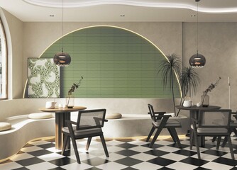 Luxury interior of restaurant, copy space. Comfortable modern dining place, contemporary design background. 3D Rendering