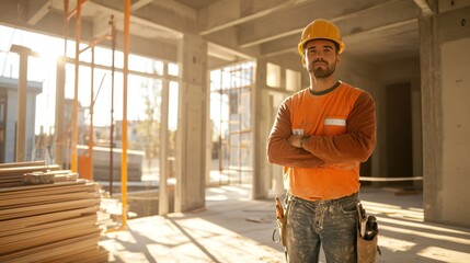 A confident Hispanic male construction worker stands proudly on a job site, wearing a hard hat and work attire, surrounded by building materials.