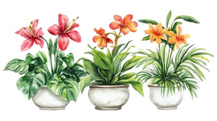 Vibrant watercolor illustration of tropical plants, showcasing red hibiscus and orange blooms in decorative pots.