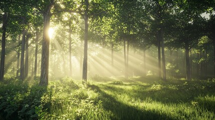 Obraz premium Sun rays shining through the trees in the forrest.