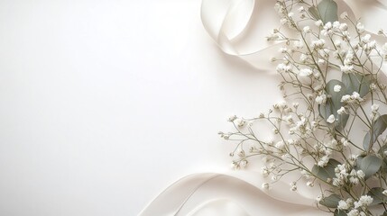 Obraz premium Styled stock photo. feminine wedding desktop mockup with baby's breath gypsophila flowers dry green eucalyptus leaves satin ribbon and white background. empty space. top view. picture for blog.