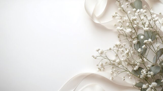 Styled stock photo. feminine wedding desktop mockup with baby's breath gypsophila flowers dry green eucalyptus leaves satin ribbon and white background. empty space. top view. picture for blog.