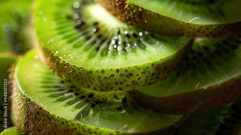 Poster kiwi fruit slices stacked together displaying the contrast between skin and flesh