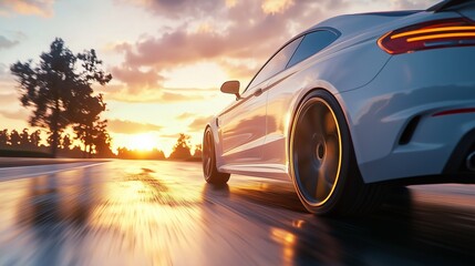 Modern car fast drive on asphalt road at sunset.