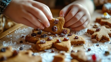 Hand of child working on raisin and genger bread cookie