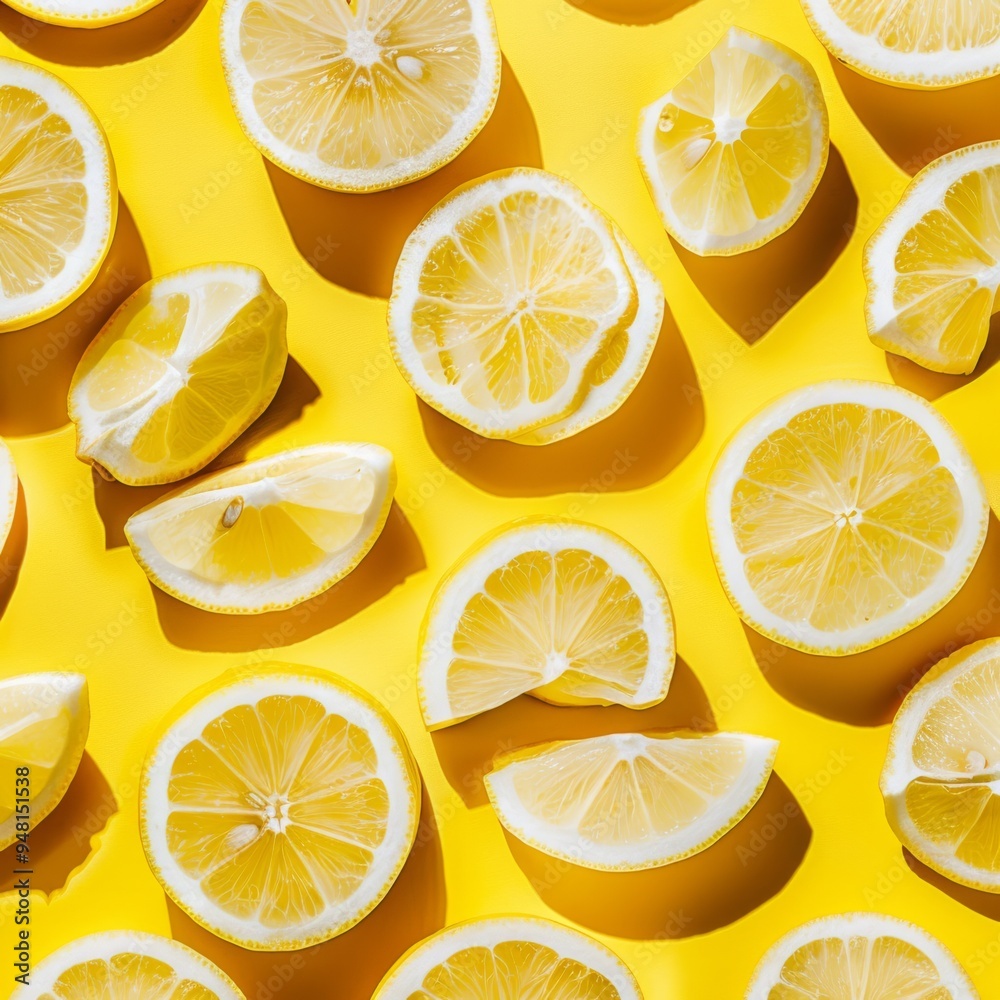 Aufkleber Lemon background featuring a pattern of lemon wedges and slices with varying textures, creating a visually appealing and fresh design
