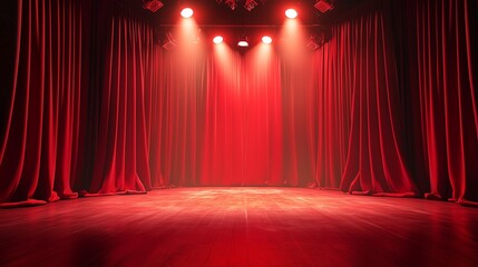 Magic theater stage red curtains show spotlight.