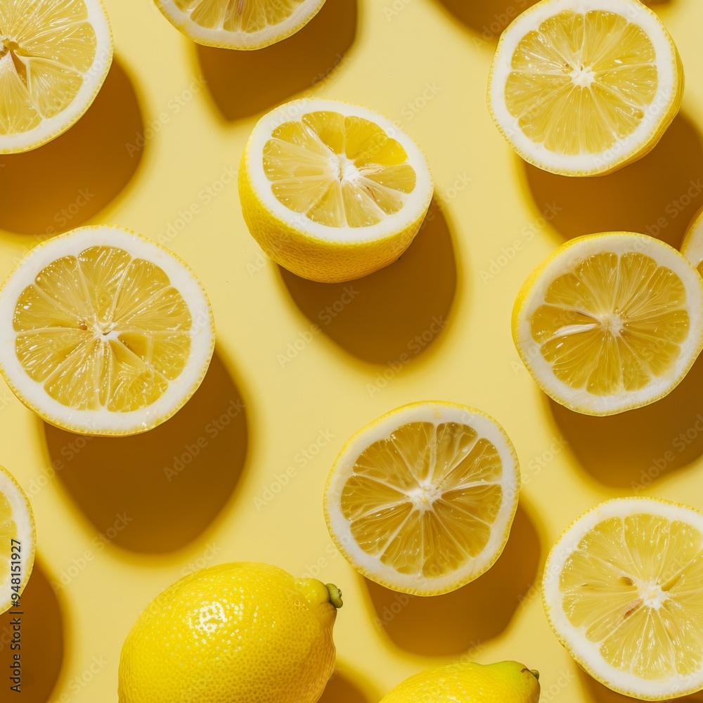 Poster Lemon background with a simple and clean layout featuring sliced lemons arranged in a pattern, highlighting the bright yellow color and juicy interior of the fruit