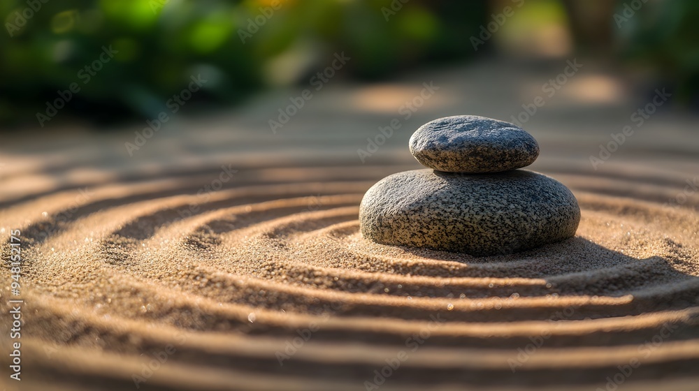 Wall mural tranquil zen garden with raked sand circles evoking mindfulness and serenity