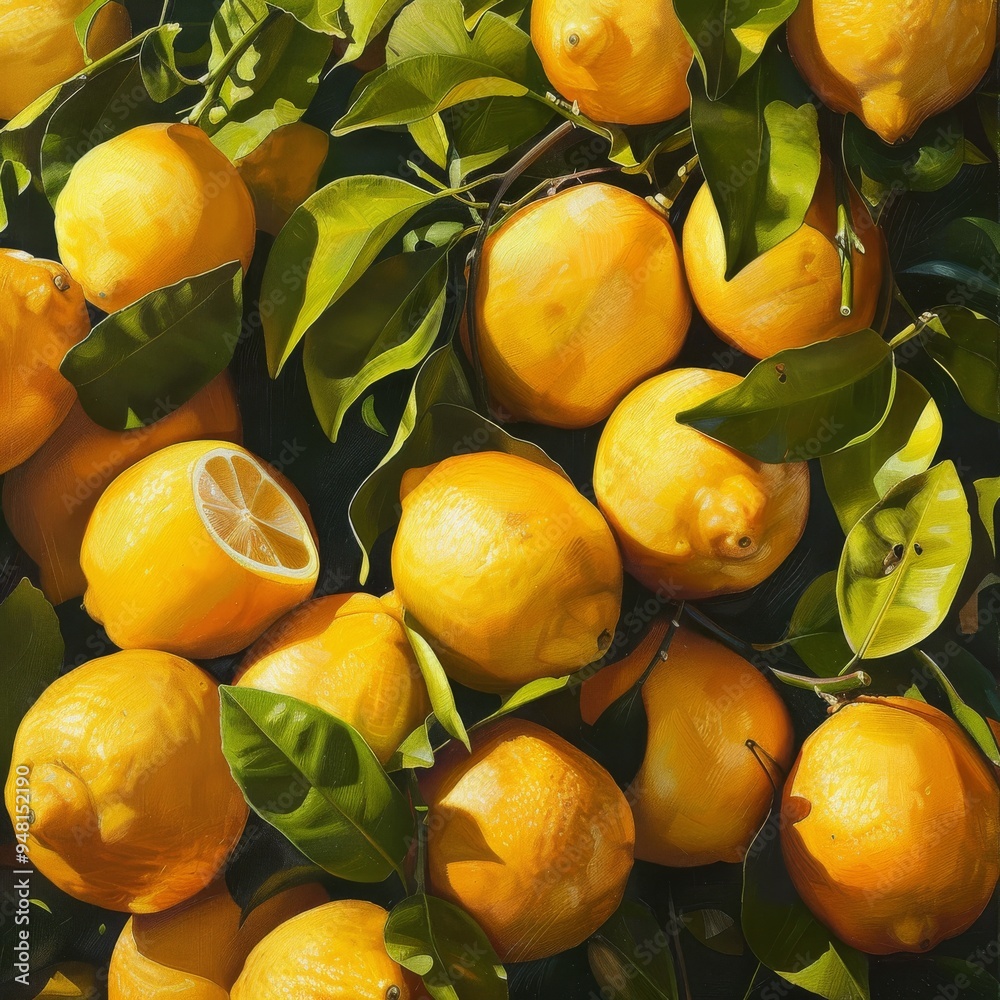 Aufkleber lemon background with a vibrant arrangement of fresh lemons in various stages of ripeness, showcasin