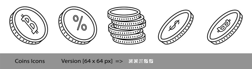 Coins icons. Icons 64x64 px. Bitcoin icons. Dollar coin icons. Stack of coins. editable stroke.