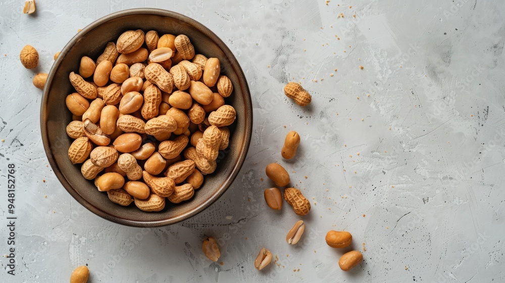 Fototapete overhead shot of a bowl overflowing with roasted peanuts, with a clean and simple background that em