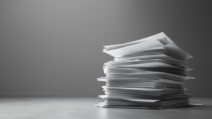 Business reports and pile of documents on gray reflection background.