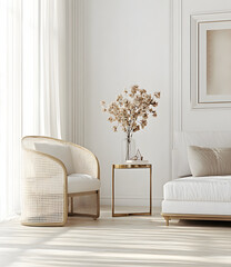 Home mockup, white luxury minimalist living room interior, 3d render