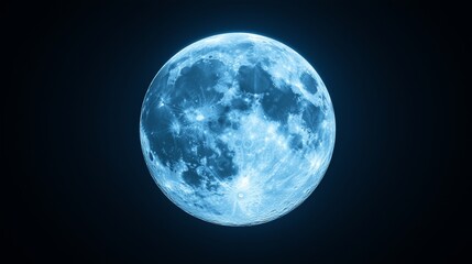 Blue super moon glowing with blue halo isolated on black background.