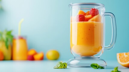 Fototapeta premium Vibrant smoothie in a glass blender, featuring fresh fruits like mango and raspberries, perfect for a refreshing drink.