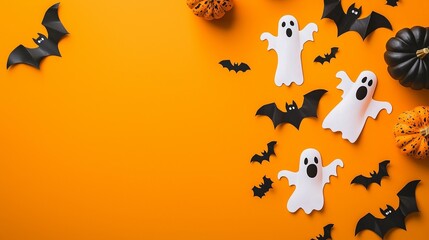 Happy halloween holiday concept. halloween decorations bats ghosts on orange background. halloween party greeting card mockup with copy space. flat lay top view overhead.