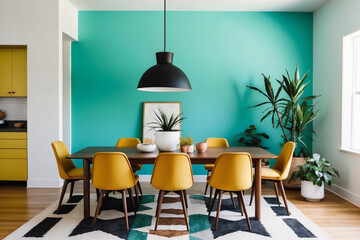 A dining room featuring a walnut wood table with mustard yellow chairs and a bold turquoise wall.