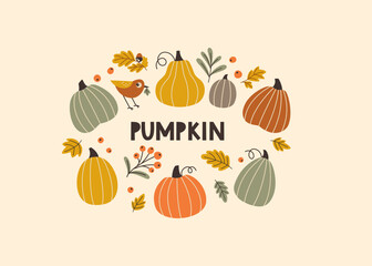 Set with colorful pumpkins. Hand lettering 