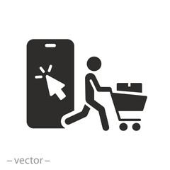 click with collect order icon, ecommerce, online shipping, phone and consumer, pick and receive cart with box, flat vector illustration © Yurii