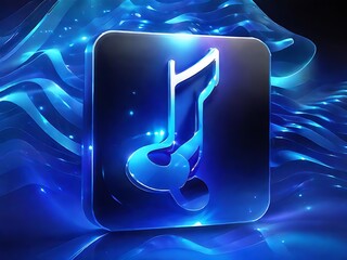 Vivid 3D holographic music note icon, blue glow, semi-transparent, floating in a futuristic soundwave background