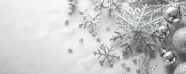 Decorative silver snowflakes and shimmering ornaments are artistically arranged on a soft white background, evoking the magic of winter festivities and holiday cheer.