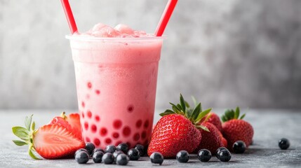 Strawberry bubble tea with fresh strawberries and tapioca pearls at the bottom of the cup.