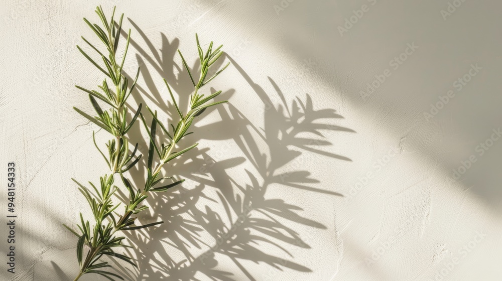 Poster rosemary sprig casting a delicate shadow on a smooth white background, highlighting the intricate ne