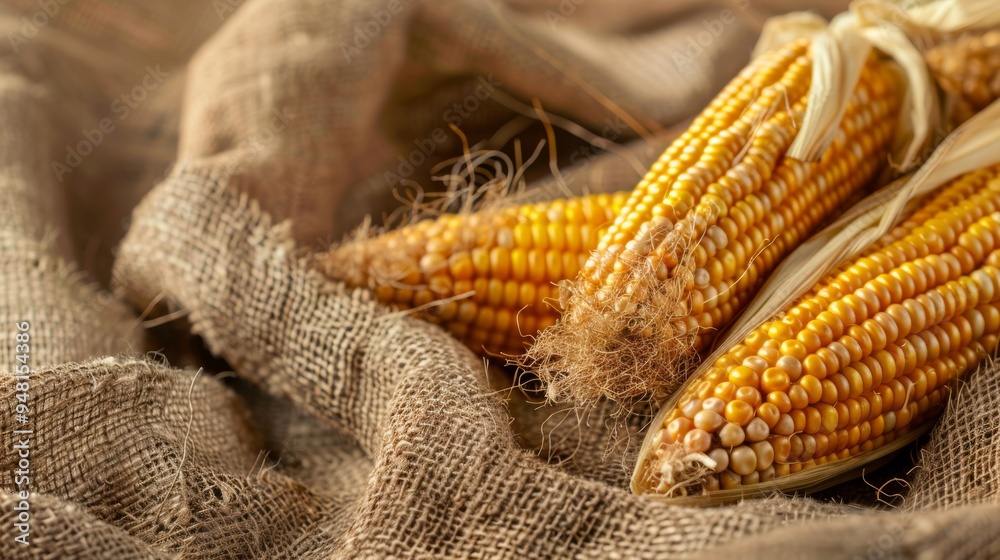 Poster Rows of corn cobs lying on a burlap sack emphasizing texture and color