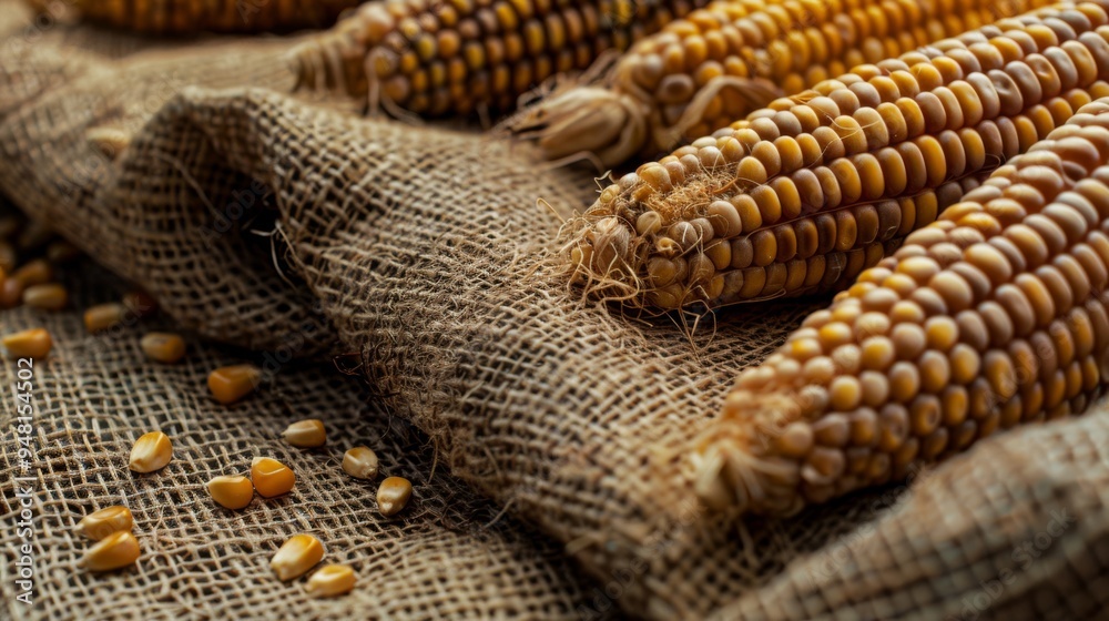 Poster Rows of corn cobs lying on a burlap sack emphasizing texture and color