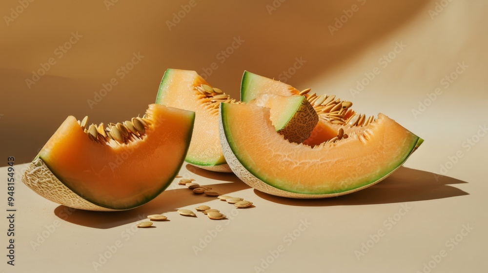 Poster several cantaloupe chunks and seeds displayed on a plain background, emphasizing the fruit's rich co