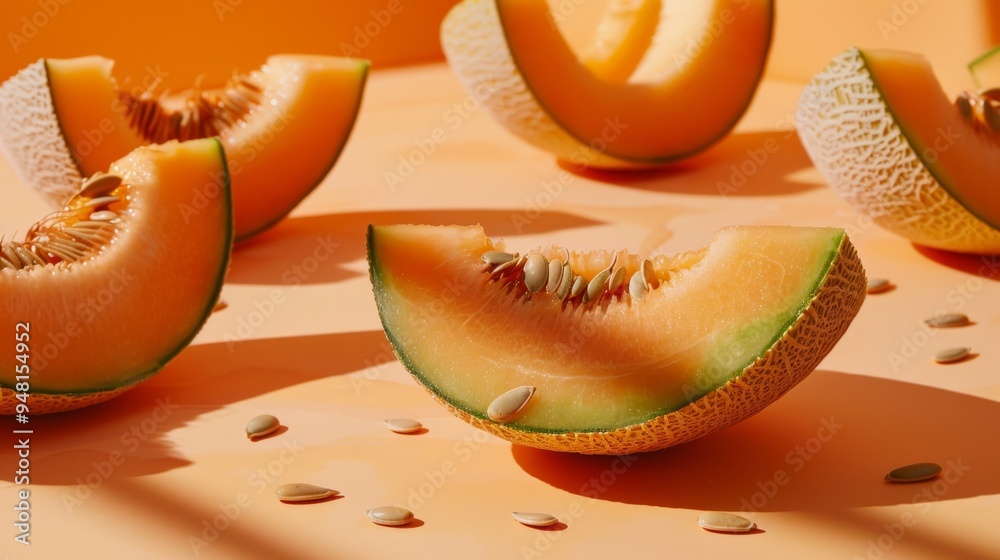 Aufkleber Several cantaloupe chunks and seeds displayed on a plain background, emphasizing the fruit's rich color and texture.