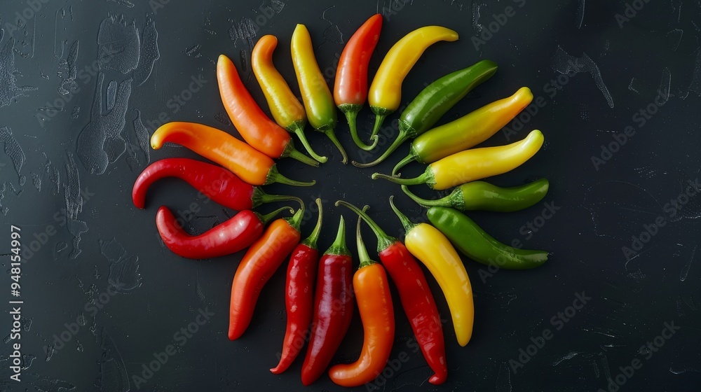 Poster several chili peppers arranged in a circular pattern, showcasing their uniform size and bright hues