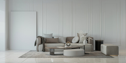 mock up poster frame in interior background, living room. 3D render, 3D illustration