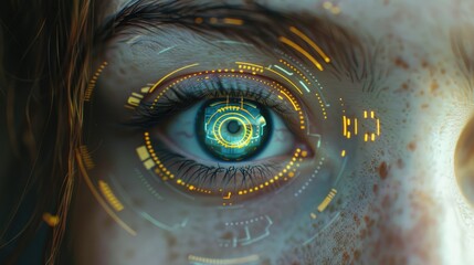 A closeup of an eye iris recognition technology for secure access, digital elements around it, symbolizing the integration and visualization in vision technology