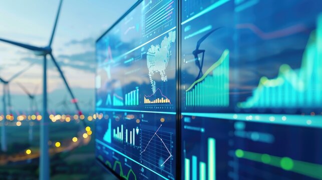 A wind turbine with graphs and charts on the screen behind it, representing green energy market data in an urban setting. 