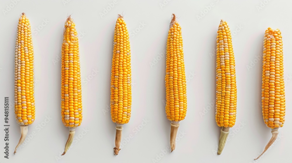Poster several corn cobs placed in a row against a clean white background