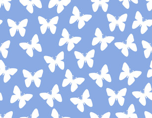 Seamless reaping white silhouette butterfly pattern on light blue background. nature texture with cute butterflies. simple butterflies vector illustration © SONIA SHAIKH