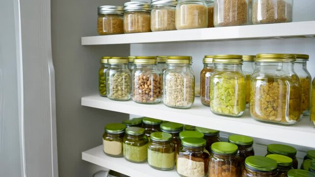 Organized kitchen pantry with labeled jars and spices for easy access and efficient cooking