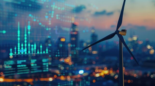 A wind turbine with graphs and charts on the screen behind it, representing green energy market data in an urban setting. 