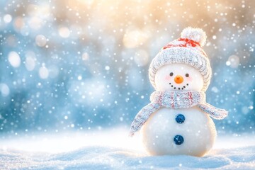 Fototapeta premium Merry Christmas and Happy New Year greeting card with a snowman in a snowy landscape
