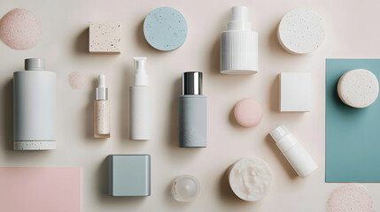 Flat lay of skincare products with varying textures and colors